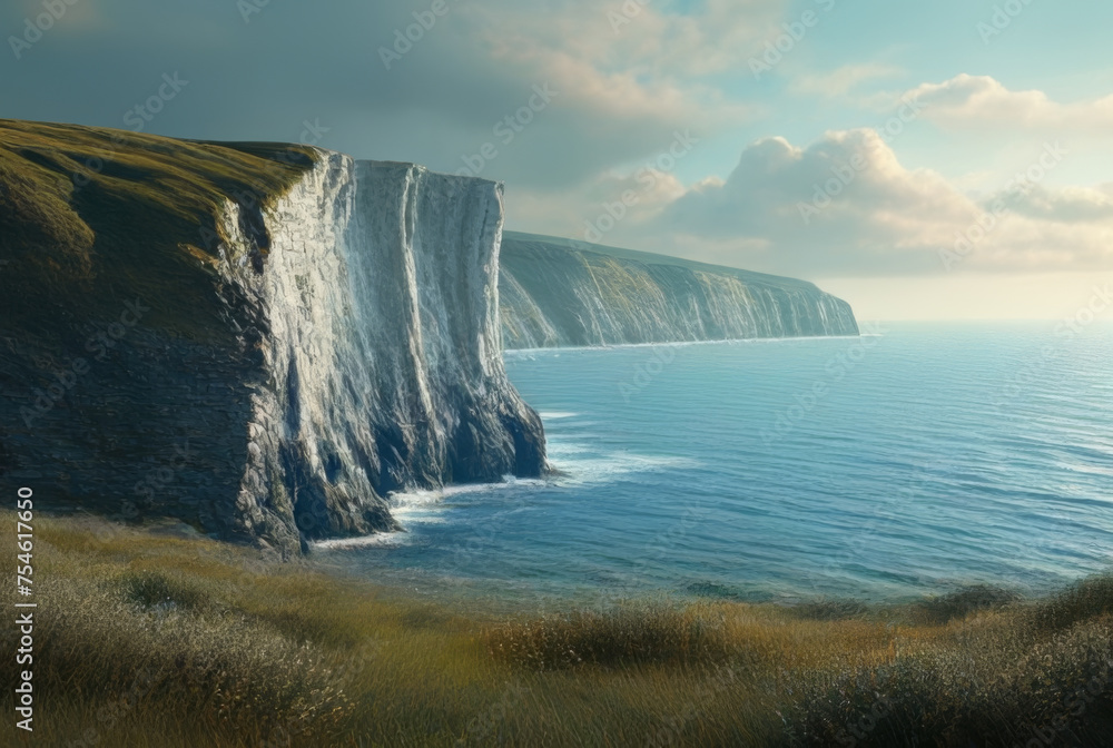 Beautiful seascape with cliffs and sailing boat. 3d render Beautiful seascape with cliffs and sailing boat. 3d render