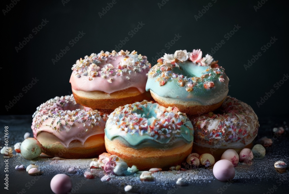 Easter donuts with pink glaze and sprinkles on black background Easter donuts with pink glaze and sprinkles on black background