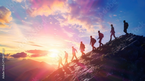 Group hiking silhouette on mountain at sunset - Silhouetted figures climbing a mountain with the glow of sunset in the background, portraying challenge and success