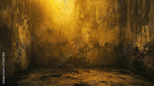 Golden beams and muddy splatters in empty space - Dramatic scene with golden light casting beams and muddy splatters in an empty industrial-like setting photo