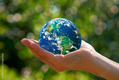 Hand presenting a bright Earth globe in sunlight - A vibrant, detailed Earth rests in an open palm against a bokeh background of greenery, symbolizing hope and sustainability