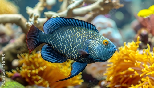 Blue jaw triggerfish swims gracefully among vibrant corals in saltwater aquarium.