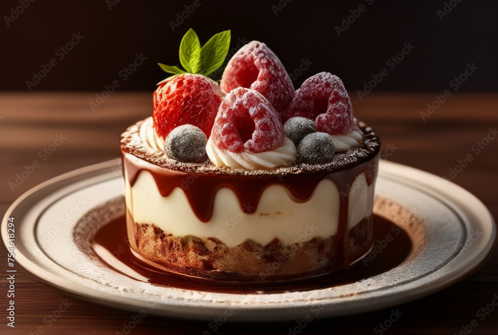 Delicious cake with raspberries and chocolate on plate on wooden table Delicious cake with raspberries and chocolate on plate on wooden table