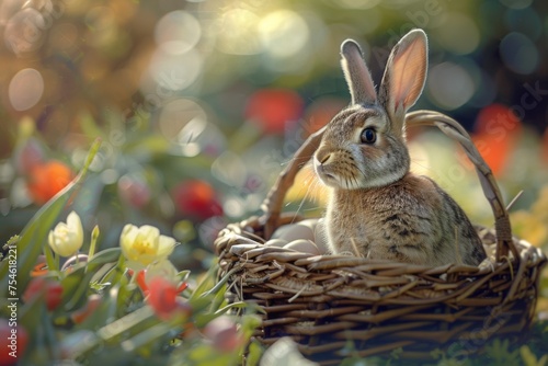 Rabbit nestled in a basket among Easter eggs - A serene bunny sits within a woven basket, surrounded by Easter eggs and spring blooms in a sunlit setting