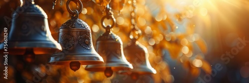 Shimmering traditional Indian bells in sunlight - Sunlight reflects on traditional Indian bells, creating a mystical and spiritual atmosphere with golden hues photo