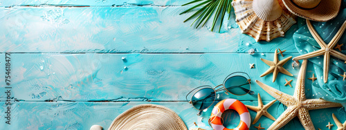 Beach Scene with Starfish, Seashells and Hat