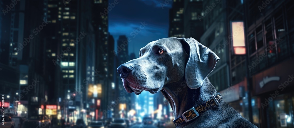 A Weimaraner dog is seen walking through a city at night, with tall buildings glowing in the background. The dog appears calm and curious, exploring the urban landscape under the dark sky. - obrazy, fototapety, plakaty 