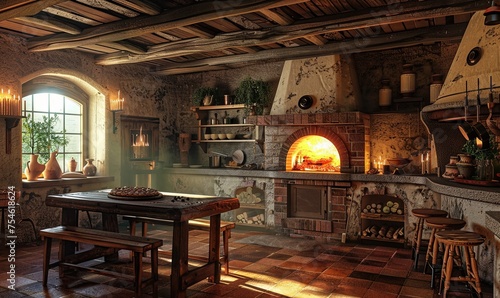 Traditional Italian kitchen with stone oven and lit fire. Likely to be cooking pizza soon. Generative AI.