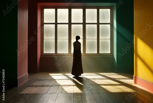 Young woman in long black dress standing in room with big window and rays of light