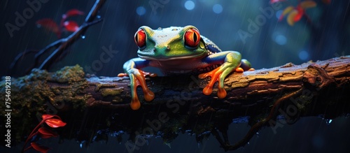 A frog with red eyes is sitting on top of a tree branch in its natural habitat. The frog is perched comfortably, showcasing its unique features against the backdrop of the tree. photo