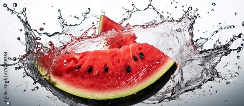 Water splashes and slices of watermelon on a white background
