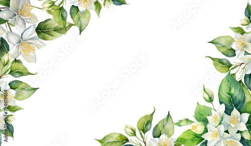 watercolor jasmine flower isolated on white background. border corner. jamine leaves PNG #754619464