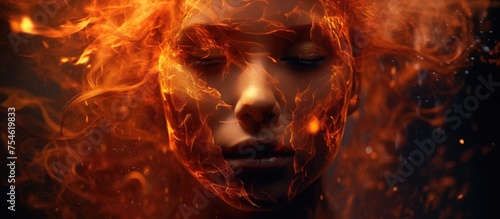 A womans face is engulfed in flames, her eyes closed tightly. The fire flickers around her features, creating a mesmerizing yet intense visual.