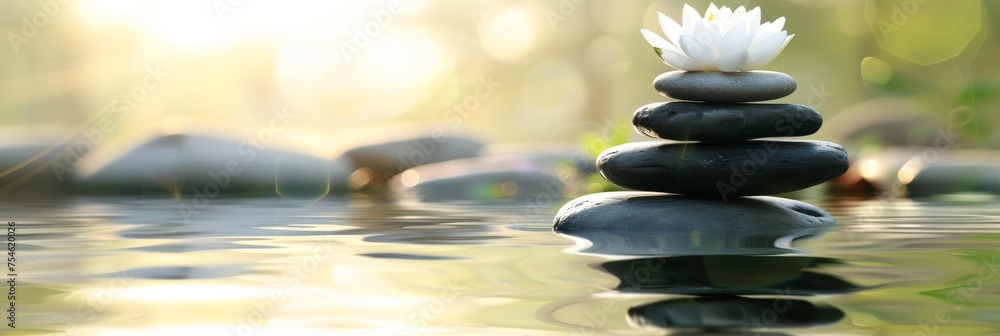 Zen stones with reflection on water at sunset Zen stones with reflection on water at sunset
