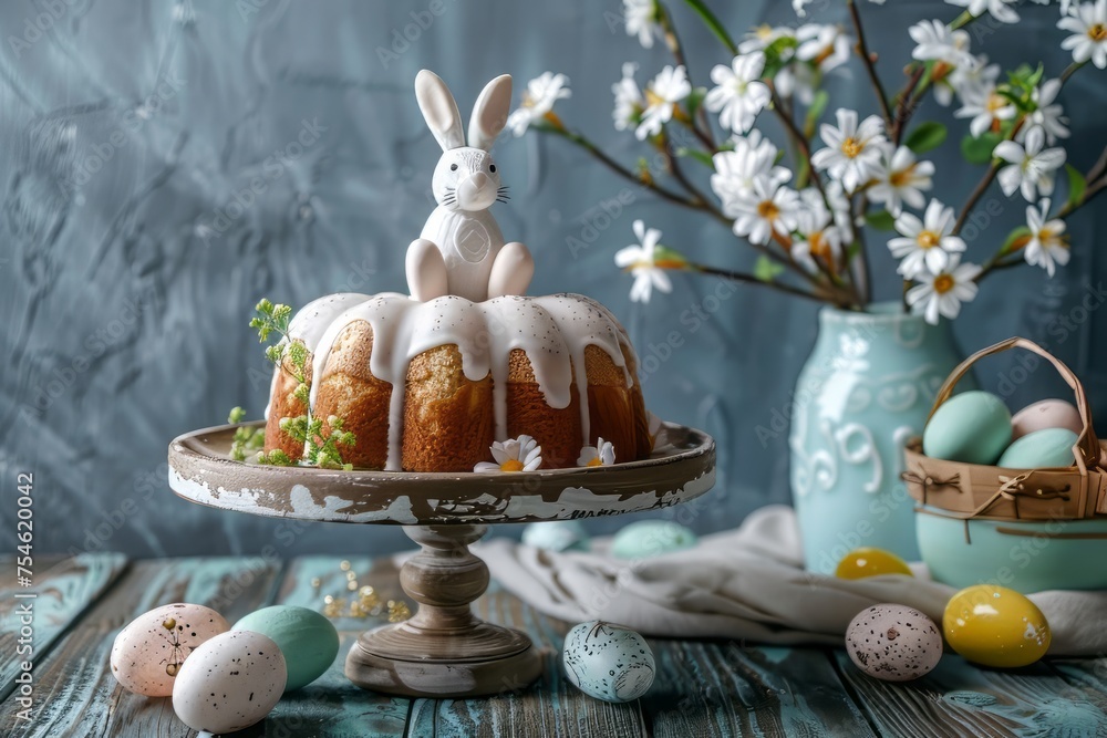 Stand with Easter cake, painted eggs and bunny on wooden background Stand with Easter cake, painted eggs and bunny on wooden background