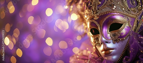 Festive venetian mask on a gradient purple background, copy space background © Hanasta