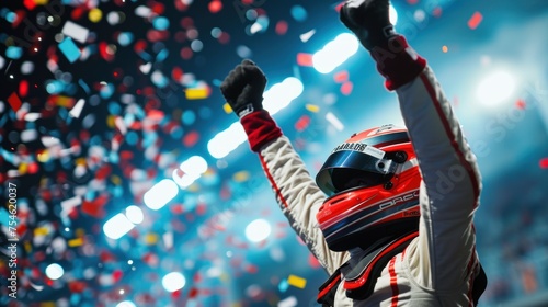 Race car driver celebrating the win in a race, bright stadium light and confetti, winning the competition