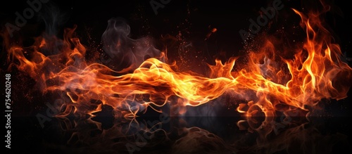 A large fire blazes intensely, releasing orange and yellow flames that flicker and dance against a dark black background. Sparks fly as the flames consume everything in their path.