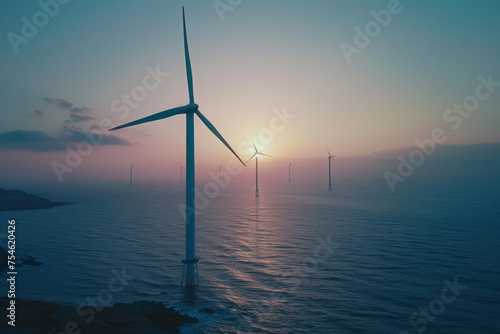 Seaside Serenity: Capture the coastal wind turbines at sunrise, with the soft light illuminating the ocean and the turbines standing tall against the horizon.