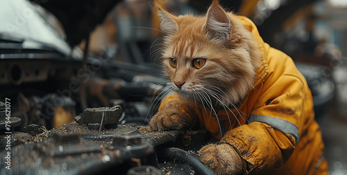 A cat mechanic repairs a car in a car service station using tools