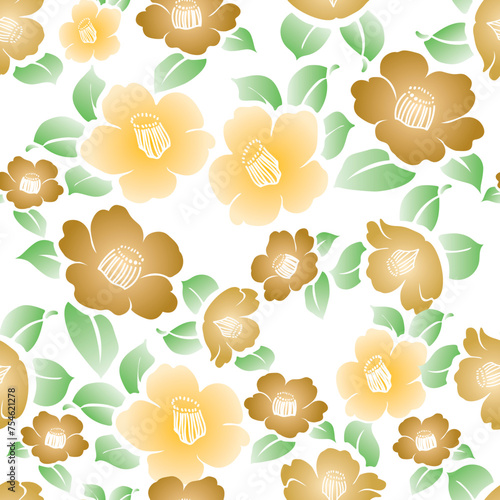 Camilia flower element. Floral pattern in Japanese style. Brown with yellow and green flower and leaves of natural background in vintage style