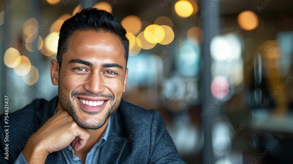 Businessman meeting client in office, blurred background, copy space for text placement. Businessman meeting client in office, blurred background, copy space for text placement.