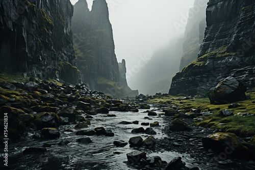 Misty River Flowing Through Mossy Canyon Walls. 