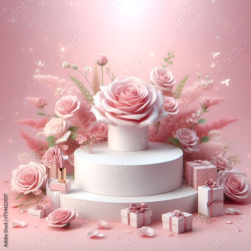 Background with cosmetic cream on a podium and space for text     3d pink podium background with pink roses. Mockup for product presentation. Display for cosmetics.    Podium background flower rose 

