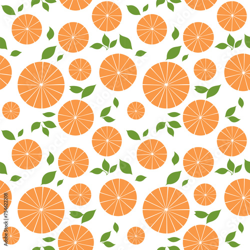 Seamless pattern with oranges and green leaves on a white background, Design for background, fabric, carpet, textiles, pillows, clothes, wrapping, labels, packaging, wallpaper, notepads, vector illust