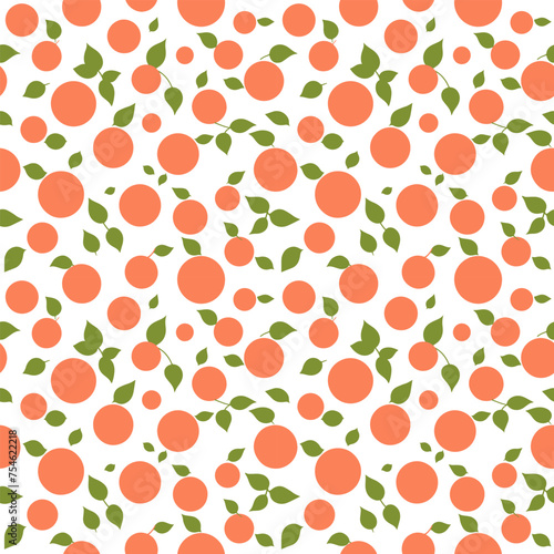 Seamless pattern with oranges and green leaves on a white background, Design for background, fabric, carpet, textiles, pillows, clothes, wrapping, labels, packaging, wallpaper, notepads, vector illust