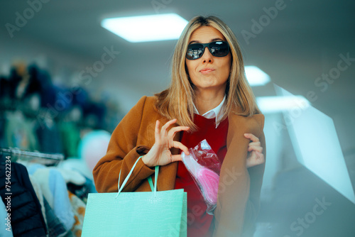 Dishonest Woman Shoplifting a Hairbrush in a Store. Shameless customer suffering from kleptomania taking unpaid item
