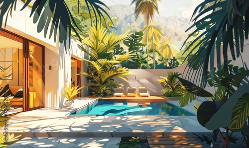 Illustration of modern backyard in tropical climate. Sunny warm weather with a lot of light. Comfortable and cosy place. Villa or hotel. Banner  hadder  poster. Digital painting. Generative Ai content