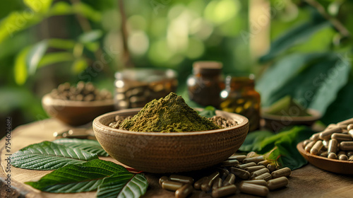 Mitragyna speciosa (kratom) leaves with medicinal products in the form of capsules and powder on a wooden table with natural light and a blurred background