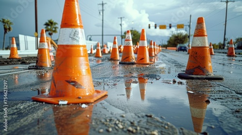 Traffic cones lead the way in roadside construction zone under cloudy skies photo