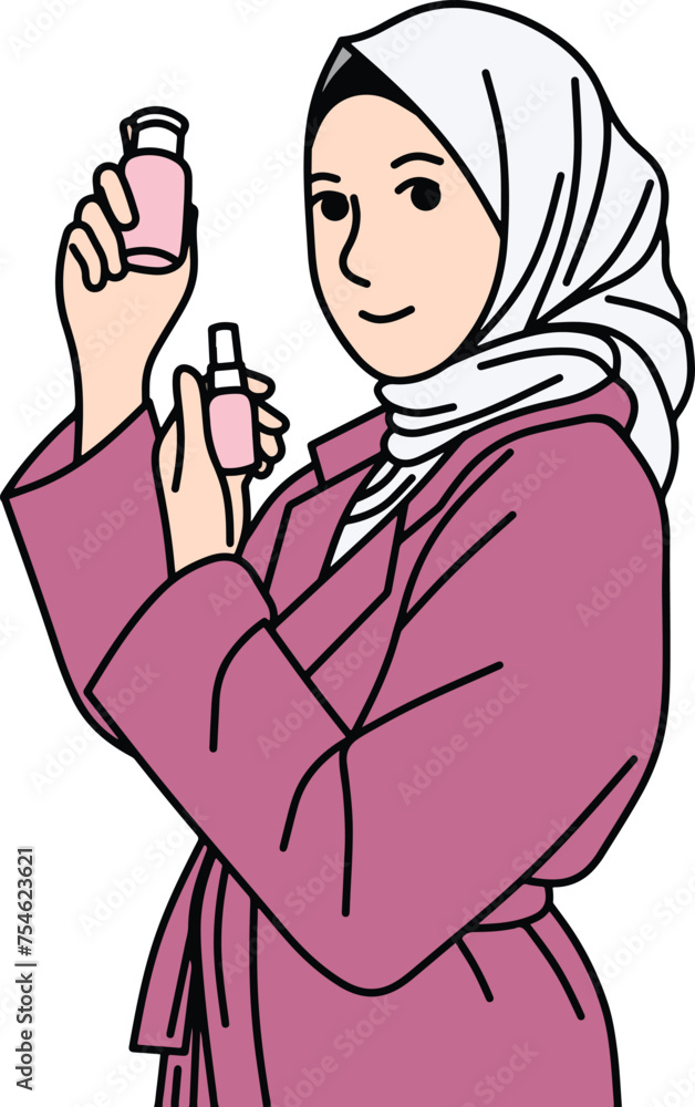 Hijab women holding skincare product