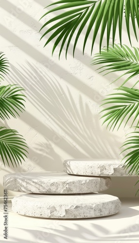Minimalistic green podium stage for summer fashion with luxury plant and stone wall background