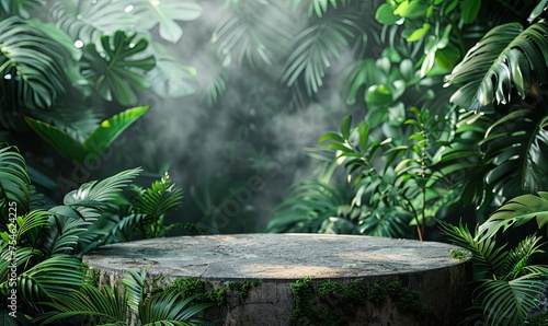 Green Product background with stone plinth and Tropical Leaves. Generative AI.