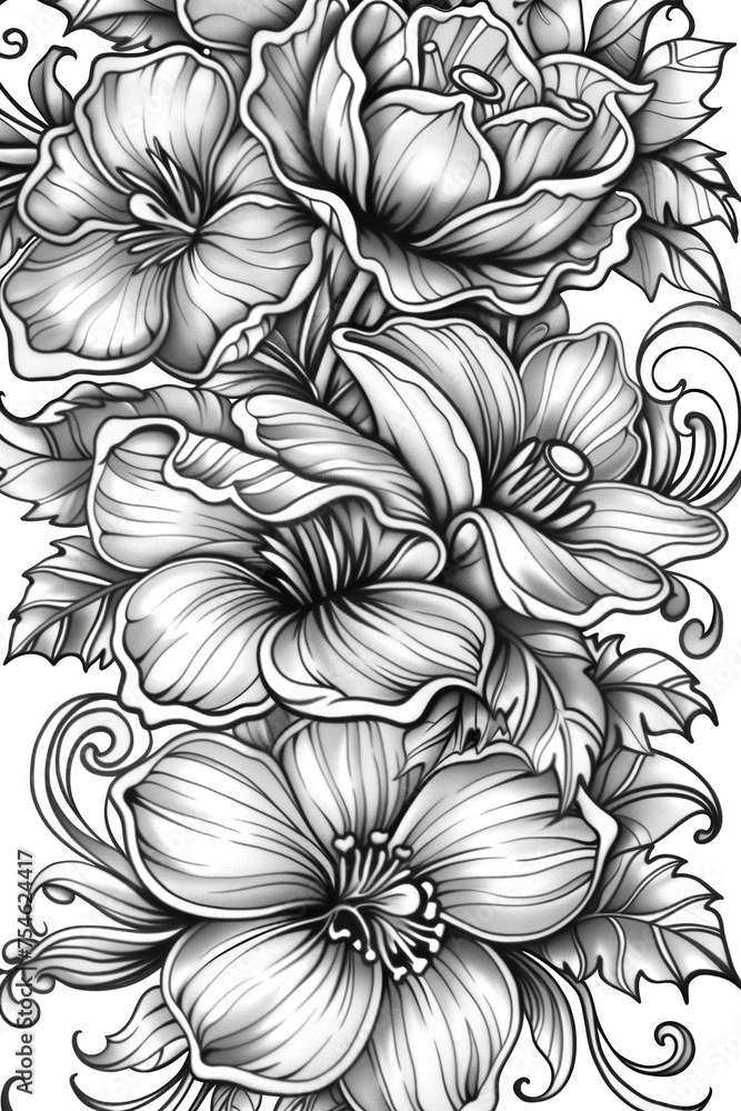 Coloring book flowers doodle style black outline. line art floral black and white background Coloring book flowers doodle style black outline. line art floral black and white background