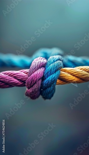 Diverse team strength in unity, strong network of ropes with integrated colors on background.