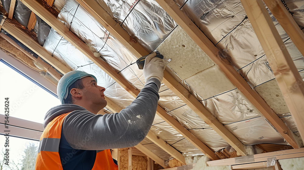 Builder Installing Insulating Board Into the Roof Of the House, heat-isolating, environmentally friendly and energy efficient thermal insulation rockwool.