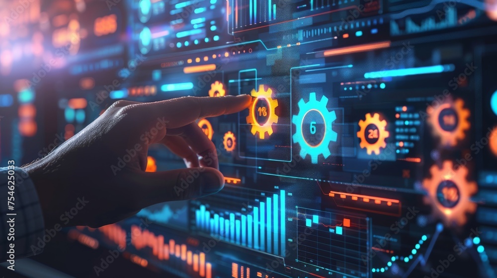 Business data analytics management with connected gear cogs with KPI financial charts and graphs. Businessman hand pressing an imaginary button on virtual screen Business data analytics management with connected gear cogs with KPI financial charts and graphs. Businessman hand pressing an imaginary button on virtual screen