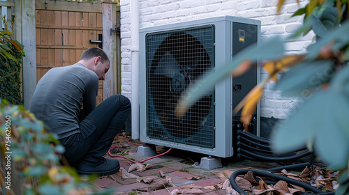 Engineer installing an air source heat pump unit outdoors at a house in Europe, warmte pomp, translation air source heat pump, airco for warming and cooling,