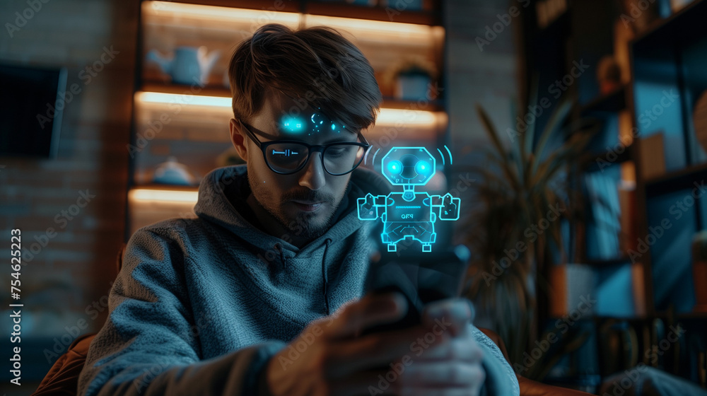 chat GPT, robot application, conversation assistant, AI Artificial Intelligence.. Man using a mobile smartphone, with a digital chatbot on virtual screen, ChatGPT AI Chatbot concept chat GPT, robot application, conversation assistant, AI Artificial Intelligence.. Man using a mobile smartphone, with a digital chatbot on virtual screen, ChatGPT AI Chatbot concept