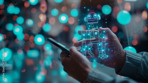 Digital chatbot, chat GPT, robot application, conversation assistant, AI Artificial Intelligence.. Man using a mobile smartphone, with a digital chatbot on virtual screen, ChatGPT 