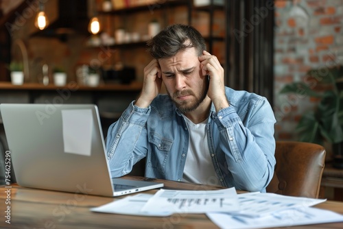 A serious, focused man from the millennial generation uses a laptop, sits at a desk in a home office, looks at a computer and calculates his budget to pay for loans at the bank