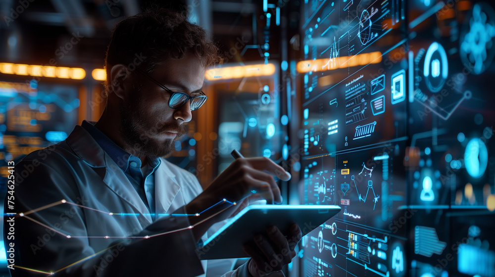 Data science. Man programmer using digital tablet computers analyze and develop software on the futuristic virtual interface screen. Algorithm, big data analysis and management, data visualization