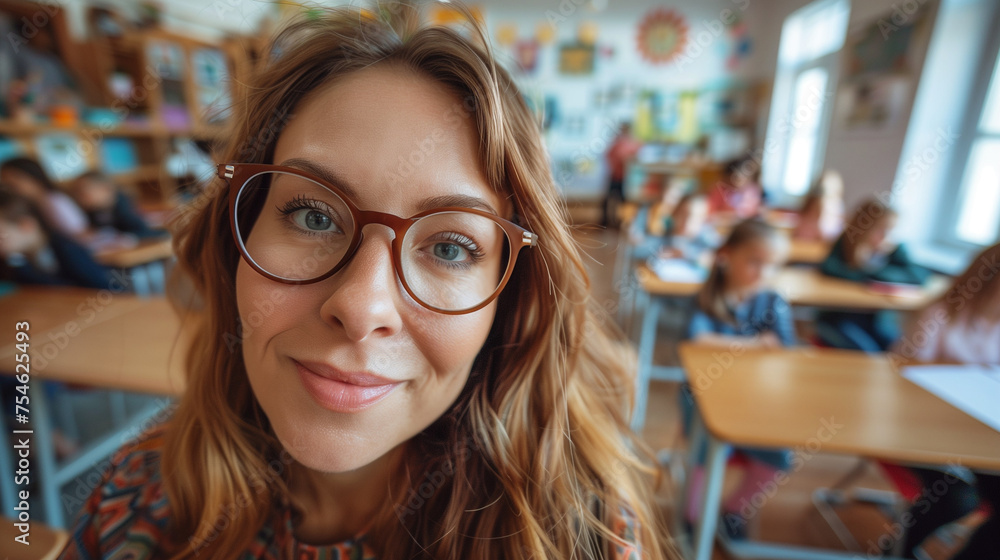 Happy teacher during a class at elementary school helping kids with homework Her students are learning in the background Happy teacher during a class at elementary school helping kids with homework Her students are learning in the background