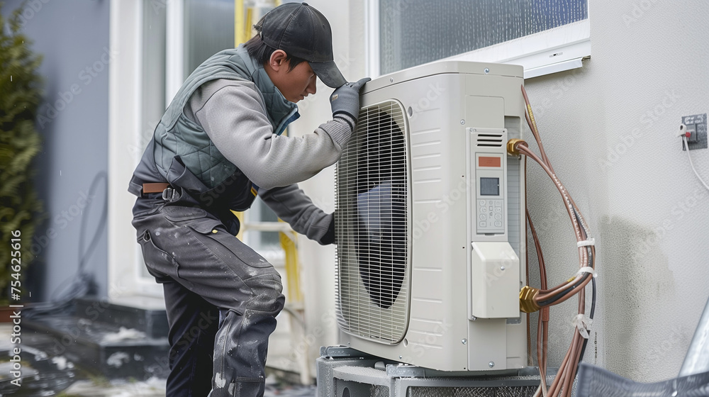 worker installing an air source heat pump unit outdoors at home in the Netherlands, warmte pomp, translation air source heat pump, airco for warming and cooling, energy transition worker installing an air source heat pump unit outdoors at home in the Netherlands, warmte pomp, translation air source heat pump, airco for warming and cooling, energy transition