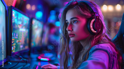 Female Blogger, Gamer Plays Games On Computer. Neon Computer Club, Pro Gamer in Online Video Game.