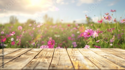 Wooden table top with copy space. Flower field background